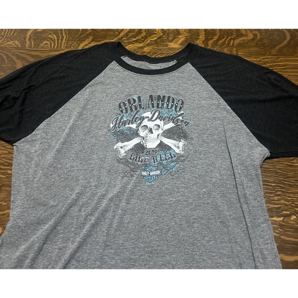 Harley Davidson Orlando Bike Week 3/4 Sleeve Skull Shirt Mens L XL‎ Gray Black